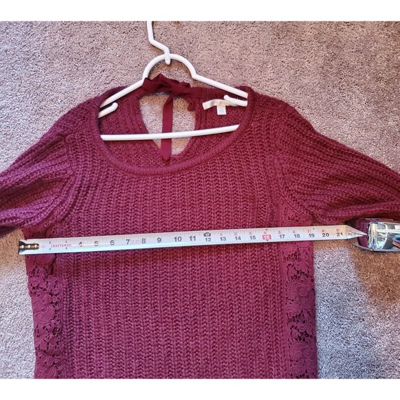 Lauren Conrad L Burgundy Split Hem Sweater Lace Trim Tie Back Neck - Picture 5 of 5